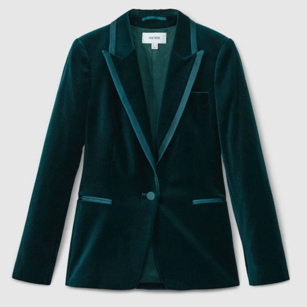 Reiss Parisa Velvet & Satin Single Breasted Blazer in Teal - Size 6